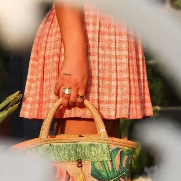 Zara Pleated Tweed Skirt Blogger Fav Orange White Mini